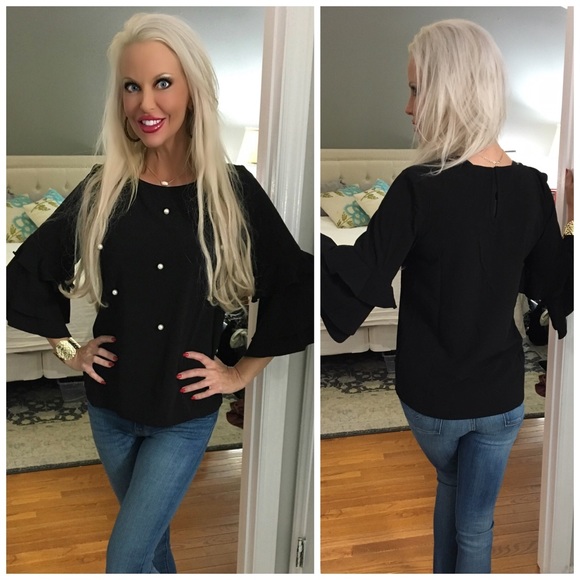 ❤️LAST 1! Pearl Detail 3/4 Sleeve Ruffle Top - Picture 5 of 5